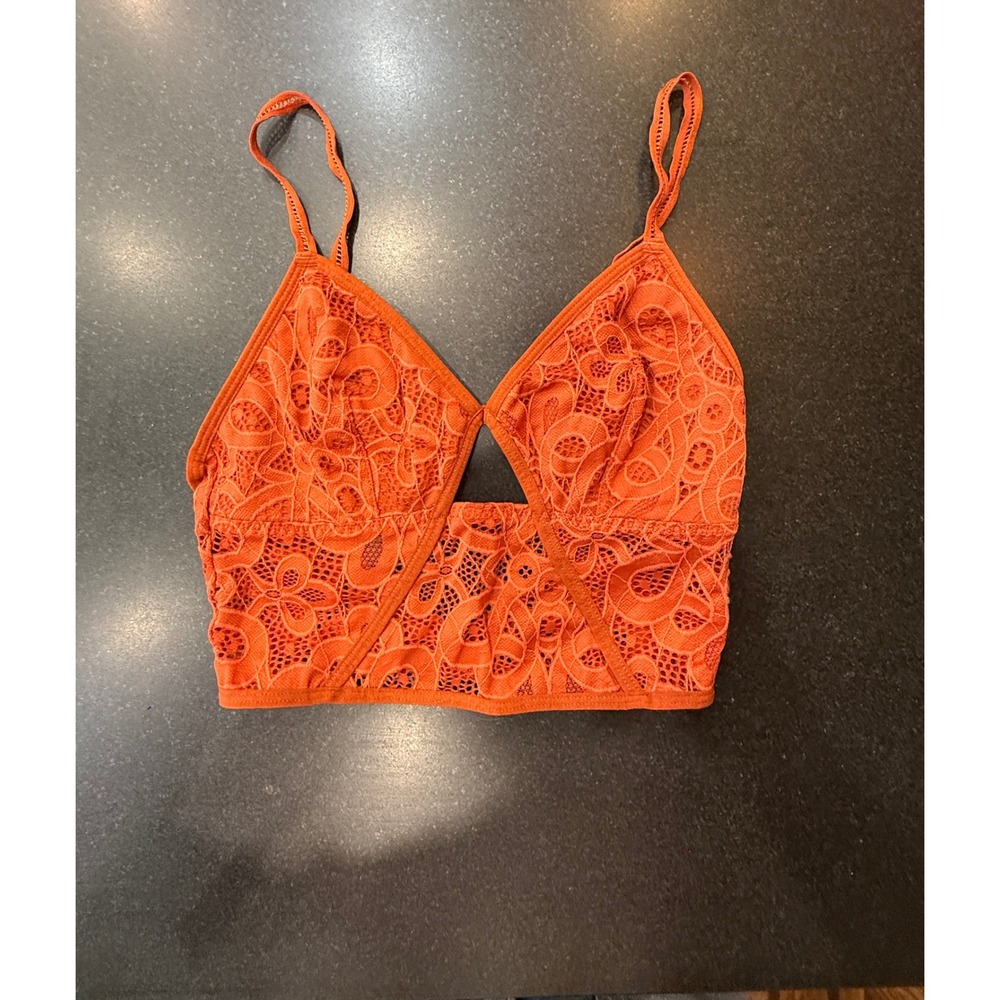 Bralette XS Orange Lace Cutout Boho Cropped Top Festival Intimate Indie Chic